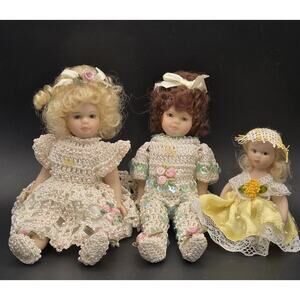 Porcelain Dollhouse Dolls Set Of 3 Artisan Handcrafted Miniature Posable Socket